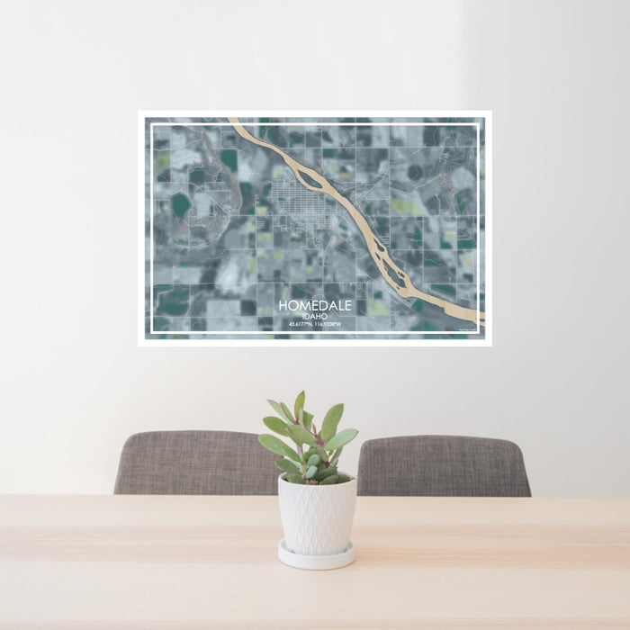 24x36 Homedale Idaho Map Print Lanscape Orientation in Afternoon Style Behind 2 Chairs Table and Potted Plant