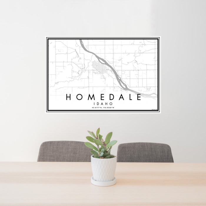 24x36 Homedale Idaho Map Print Lanscape Orientation in Classic Style Behind 2 Chairs Table and Potted Plant