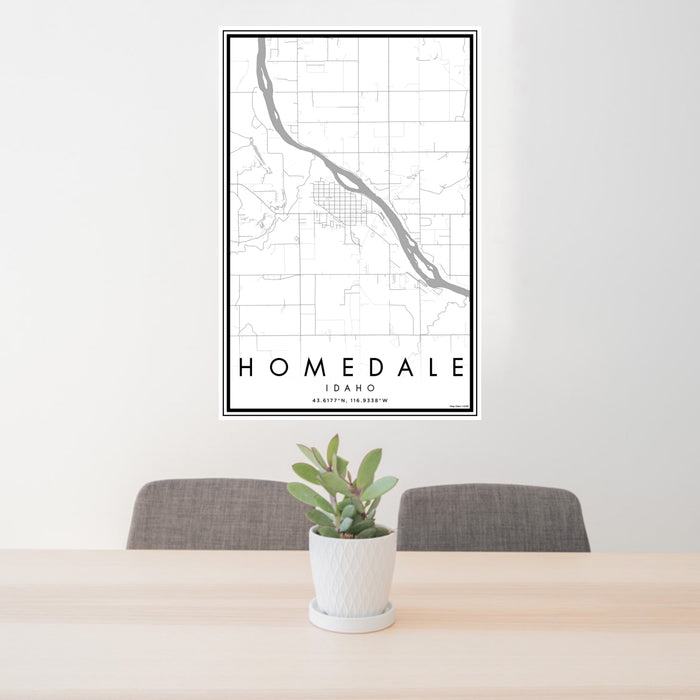 24x36 Homedale Idaho Map Print Portrait Orientation in Classic Style Behind 2 Chairs Table and Potted Plant