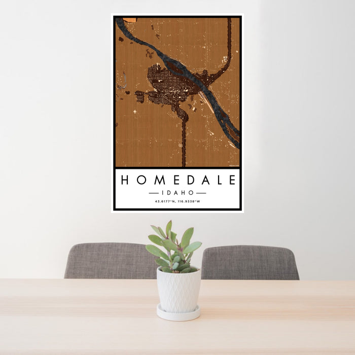 24x36 Homedale Idaho Map Print Portrait Orientation in Ember Style Behind 2 Chairs Table and Potted Plant