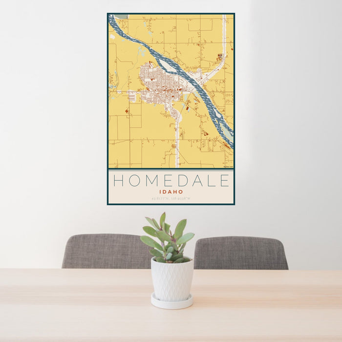 24x36 Homedale Idaho Map Print Portrait Orientation in Woodblock Style Behind 2 Chairs Table and Potted Plant