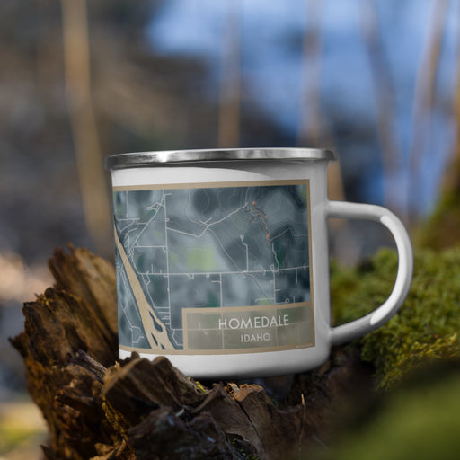 Right View Custom Homedale Idaho Map Enamel Mug in Afternoon on Grass With Trees in Background