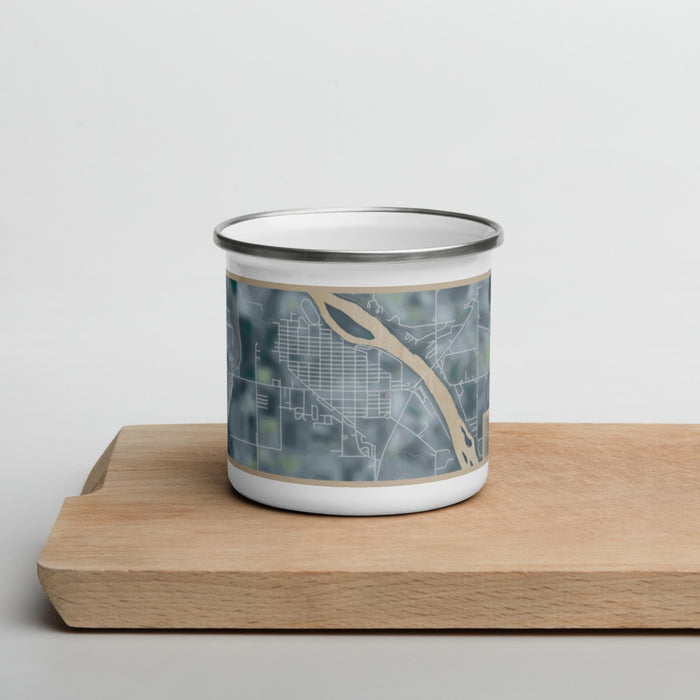 Front View Custom Homedale Idaho Map Enamel Mug in Afternoon on Cutting Board