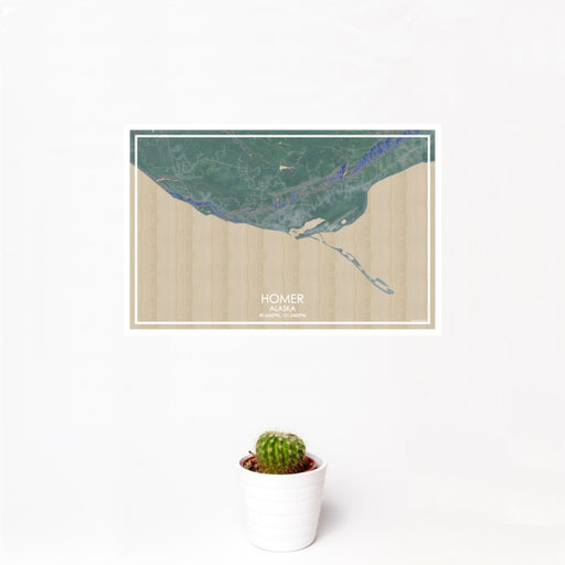 12x18 Homer Alaska Map Print Landscape Orientation in Afternoon Style With Small Cactus Plant in White Planter