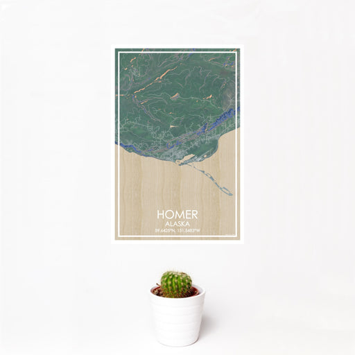 12x18 Homer Alaska Map Print Portrait Orientation in Afternoon Style With Small Cactus Plant in White Planter