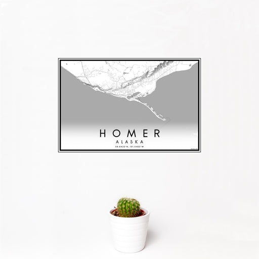 12x18 Homer Alaska Map Print Landscape Orientation in Classic Style With Small Cactus Plant in White Planter