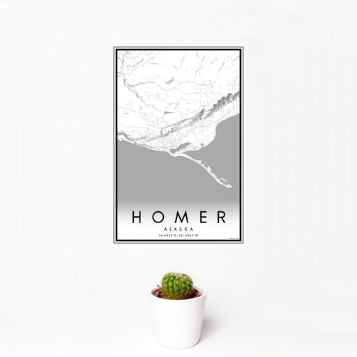 12x18 Homer Alaska Map Print Portrait Orientation in Classic Style With Small Cactus Plant in White Planter