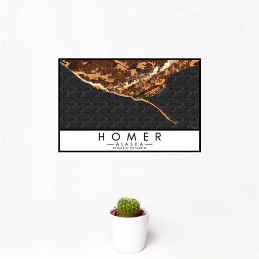 12x18 Homer Alaska Map Print Landscape Orientation in Ember Style With Small Cactus Plant in White Planter