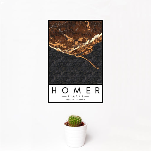 12x18 Homer Alaska Map Print Portrait Orientation in Ember Style With Small Cactus Plant in White Planter