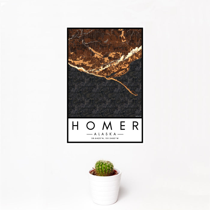 12x18 Homer Alaska Map Print Portrait Orientation in Ember Style With Small Cactus Plant in White Planter