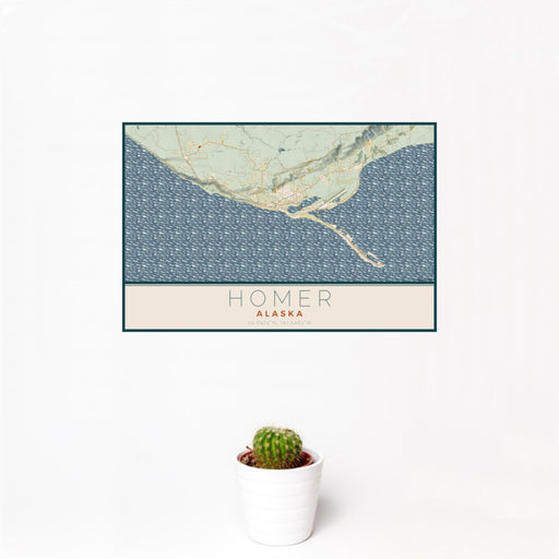 12x18 Homer Alaska Map Print Landscape Orientation in Woodblock Style With Small Cactus Plant in White Planter