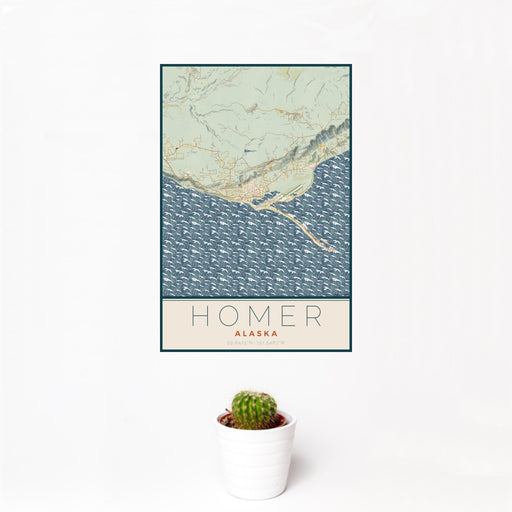 12x18 Homer Alaska Map Print Portrait Orientation in Woodblock Style With Small Cactus Plant in White Planter