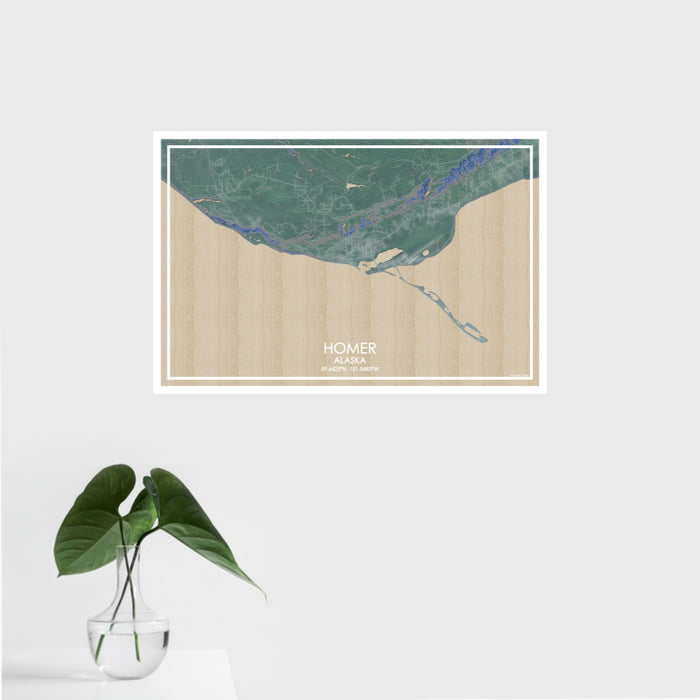 16x24 Homer Alaska Map Print Landscape Orientation in Afternoon Style With Tropical Plant Leaves in Water