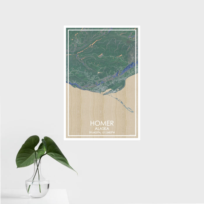 16x24 Homer Alaska Map Print Portrait Orientation in Afternoon Style With Tropical Plant Leaves in Water