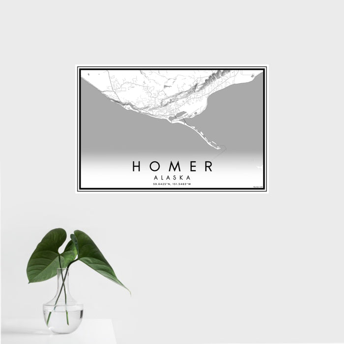 16x24 Homer Alaska Map Print Landscape Orientation in Classic Style With Tropical Plant Leaves in Water