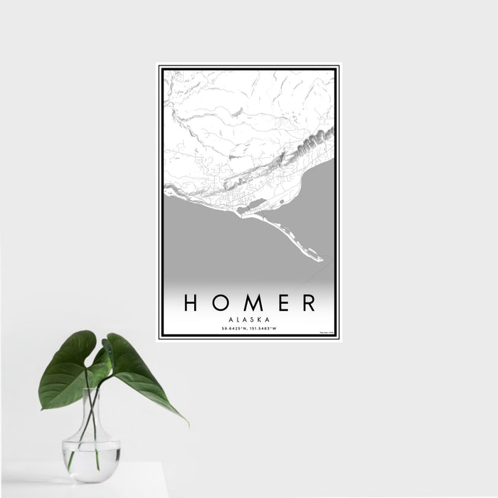 16x24 Homer Alaska Map Print Portrait Orientation in Classic Style With Tropical Plant Leaves in Water