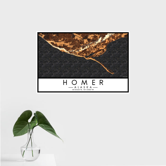 16x24 Homer Alaska Map Print Landscape Orientation in Ember Style With Tropical Plant Leaves in Water