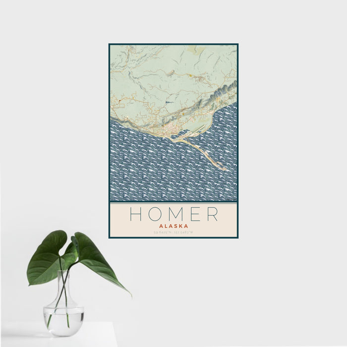 16x24 Homer Alaska Map Print Portrait Orientation in Woodblock Style With Tropical Plant Leaves in Water