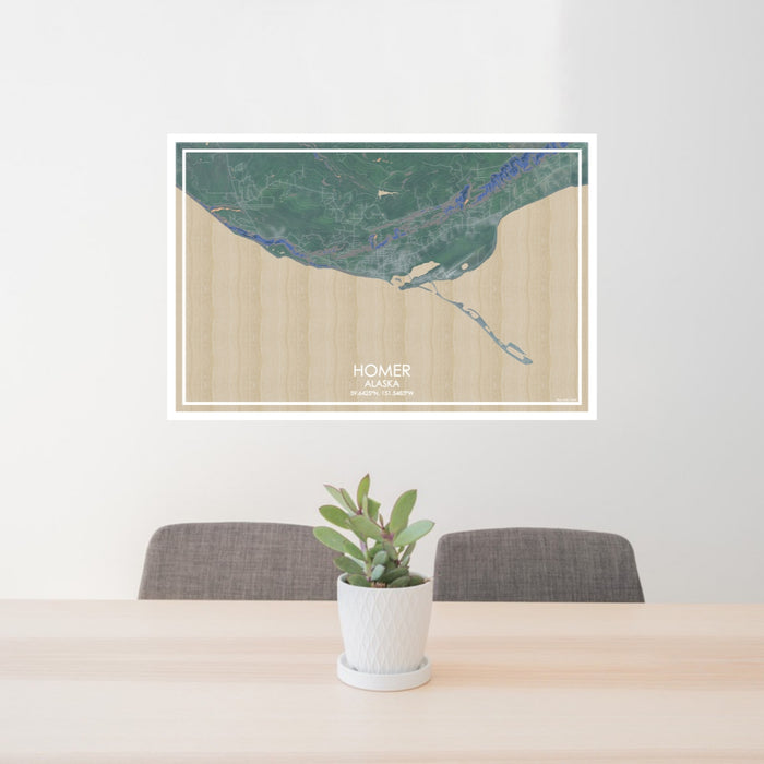 24x36 Homer Alaska Map Print Lanscape Orientation in Afternoon Style Behind 2 Chairs Table and Potted Plant