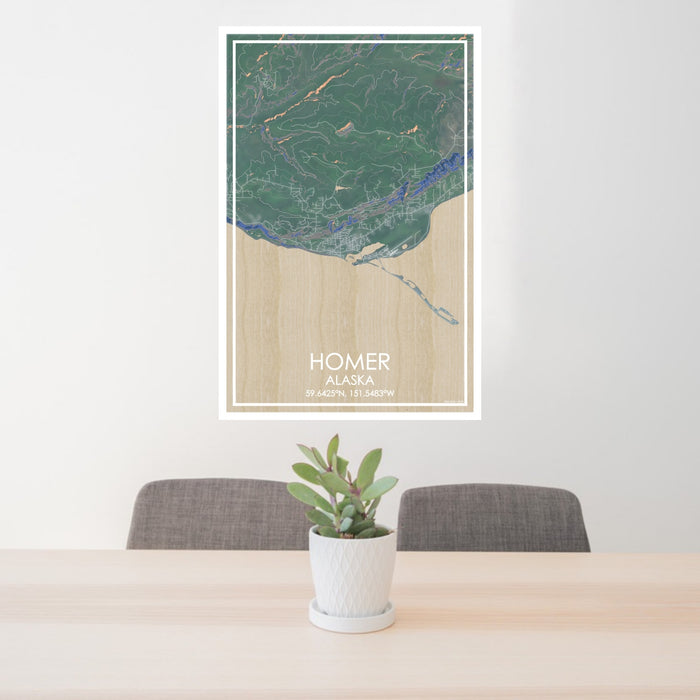 24x36 Homer Alaska Map Print Portrait Orientation in Afternoon Style Behind 2 Chairs Table and Potted Plant