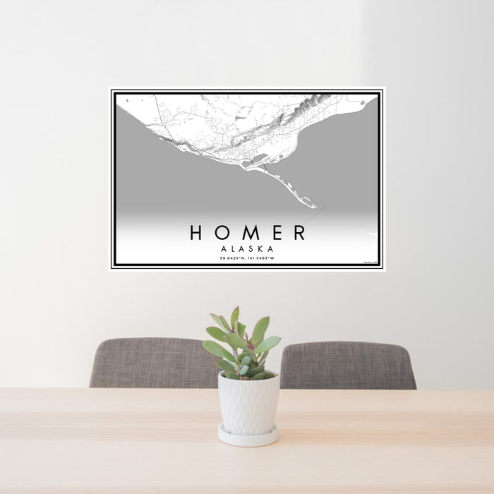 24x36 Homer Alaska Map Print Lanscape Orientation in Classic Style Behind 2 Chairs Table and Potted Plant