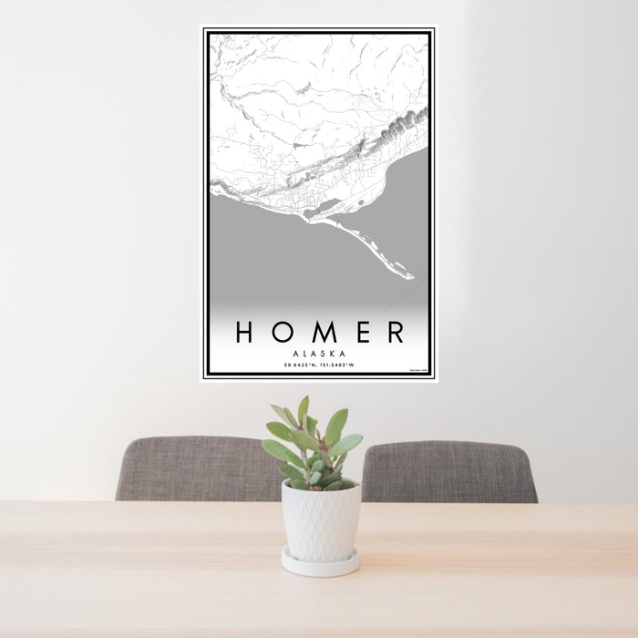 24x36 Homer Alaska Map Print Portrait Orientation in Classic Style Behind 2 Chairs Table and Potted Plant