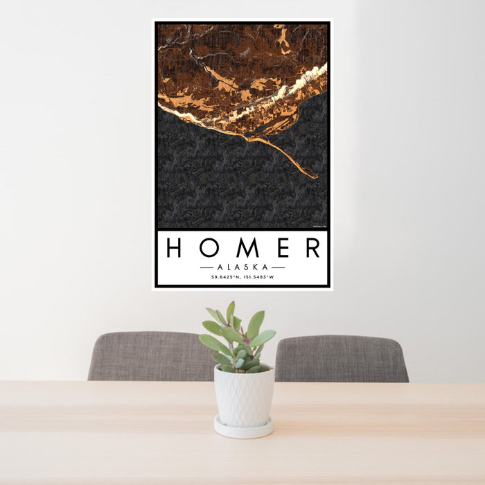 24x36 Homer Alaska Map Print Portrait Orientation in Ember Style Behind 2 Chairs Table and Potted Plant