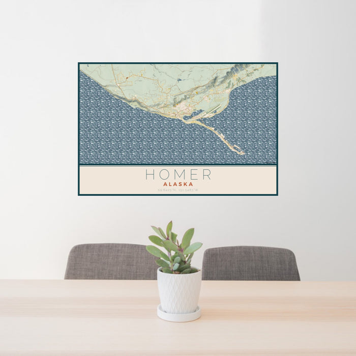 24x36 Homer Alaska Map Print Lanscape Orientation in Woodblock Style Behind 2 Chairs Table and Potted Plant