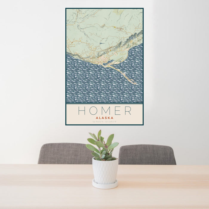 24x36 Homer Alaska Map Print Portrait Orientation in Woodblock Style Behind 2 Chairs Table and Potted Plant