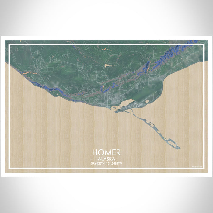 Homer Alaska Map Print Landscape Orientation in Afternoon Style With Shaded Background