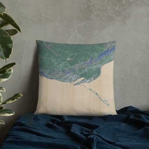 Custom Homer Alaska Map Throw Pillow in Afternoon on Bedding Against Wall