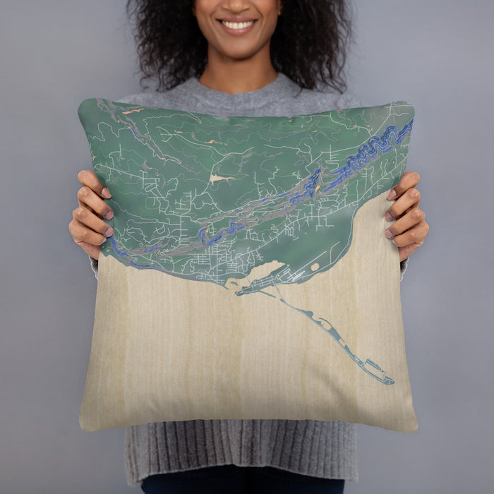 Person holding 18x18 Custom Homer Alaska Map Throw Pillow in Afternoon