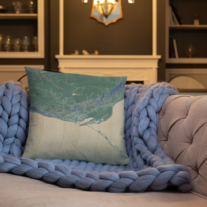 Custom Homer Alaska Map Throw Pillow in Afternoon on Cream Colored Couch