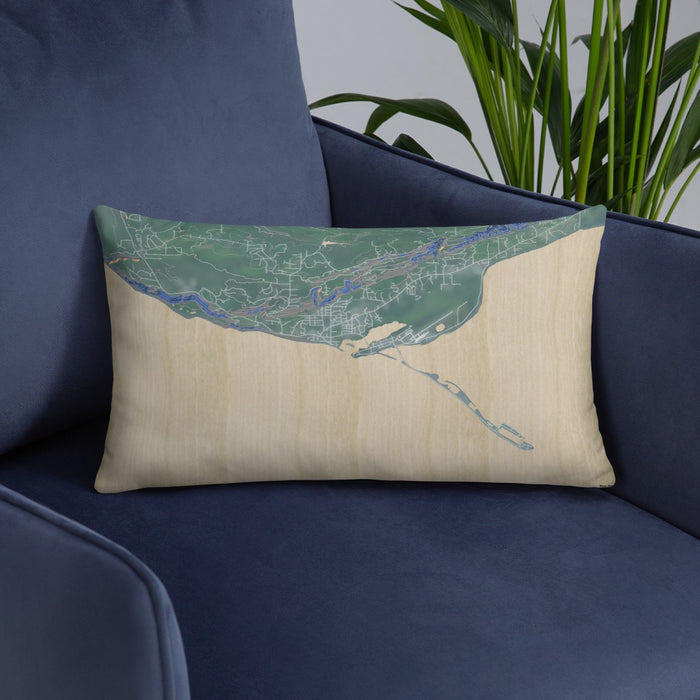 Custom Homer Alaska Map Throw Pillow in Afternoon on Blue Colored Chair