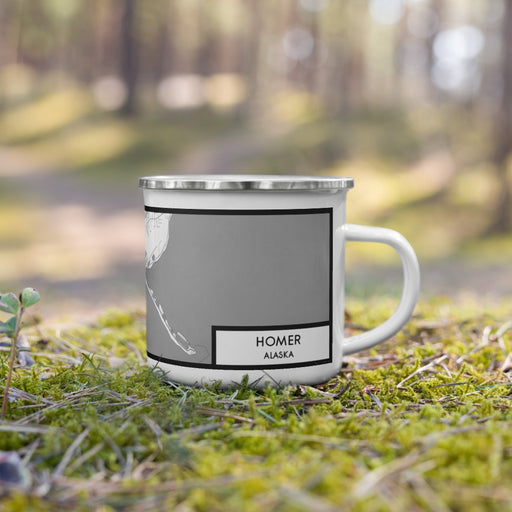 Right View Custom Homer Alaska Map Enamel Mug in Classic on Grass With Trees in Background