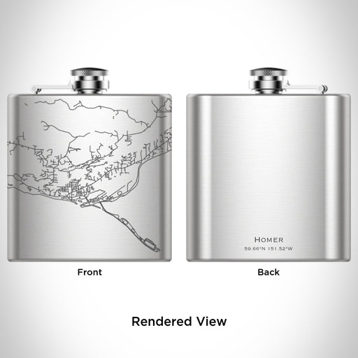 Rendered View of Homer Alaska Map Engraving on 6oz Stainless Steel Flask