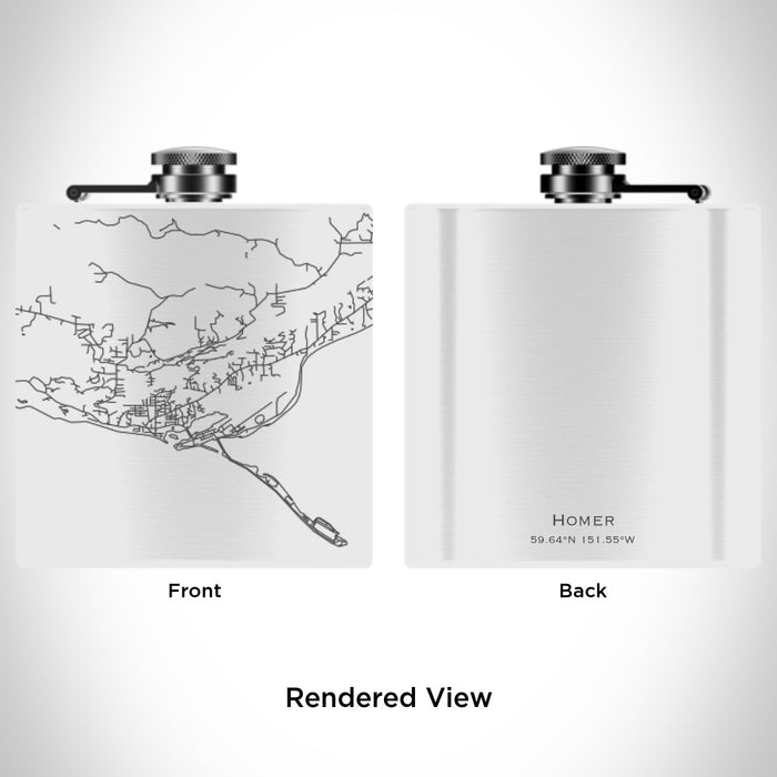 Rendered View of Homer Alaska Map Engraving on 6oz Stainless Steel Flask in White