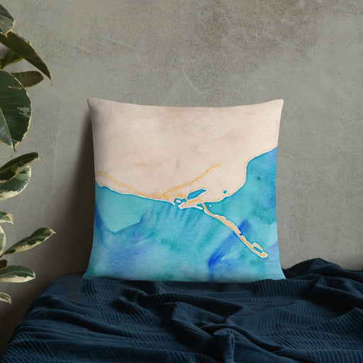 Custom Homer Alaska Map Throw Pillow in Watercolor on Bedding Against Wall