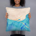 Person holding 18x18 Custom Homer Alaska Map Throw Pillow in Watercolor