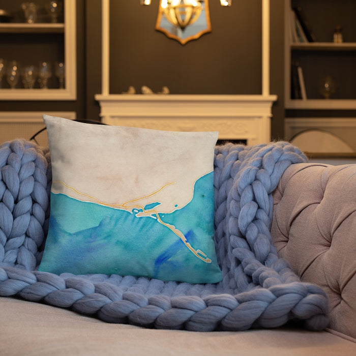 Custom Homer Alaska Map Throw Pillow in Watercolor on Cream Colored Couch
