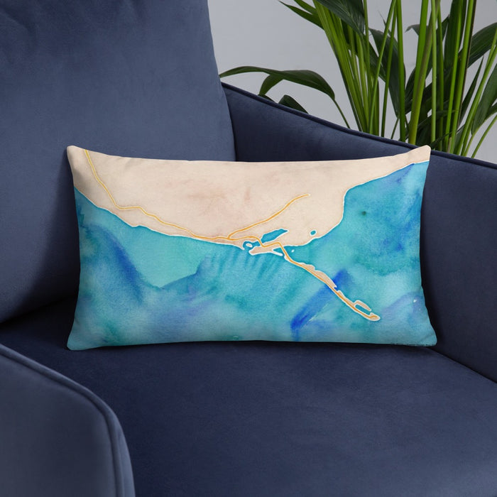Custom Homer Alaska Map Throw Pillow in Watercolor on Blue Colored Chair