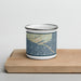 Front View Custom Homer Alaska Map Enamel Mug in Woodblock on Cutting Board
