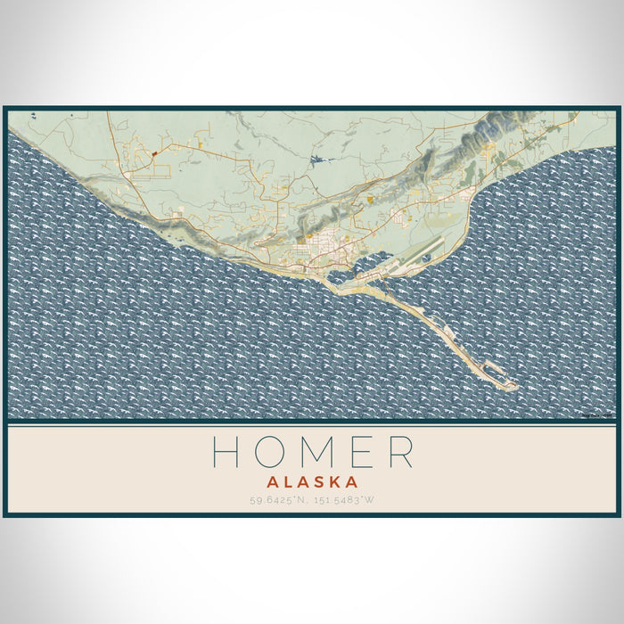 Homer Alaska Map Print Landscape Orientation in Woodblock Style With Shaded Background