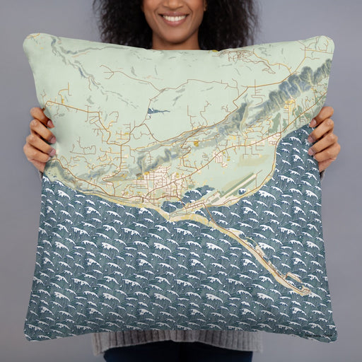 Person holding 22x22 Custom Homer Alaska Map Throw Pillow in Woodblock