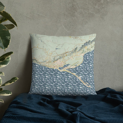 Custom Homer Alaska Map Throw Pillow in Woodblock on Bedding Against Wall