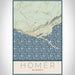 Homer Alaska Map Print Portrait Orientation in Woodblock Style With Shaded Background