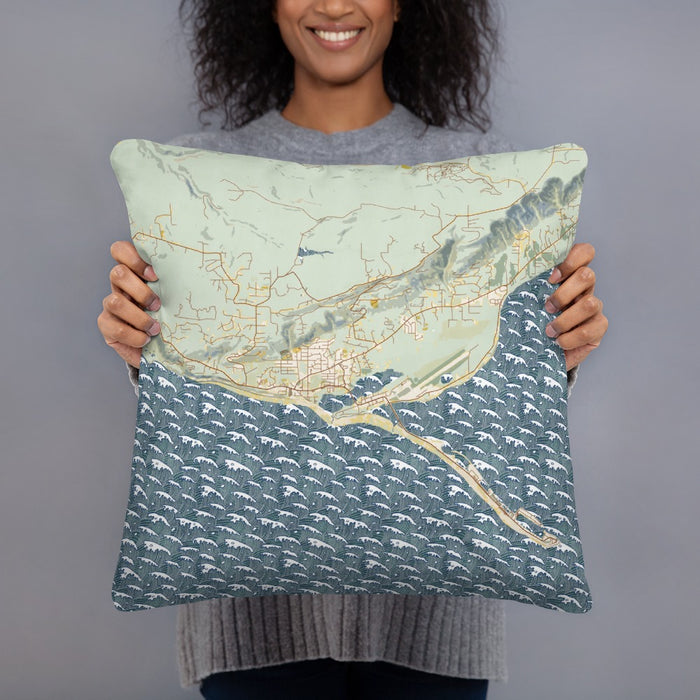 Person holding 18x18 Custom Homer Alaska Map Throw Pillow in Woodblock