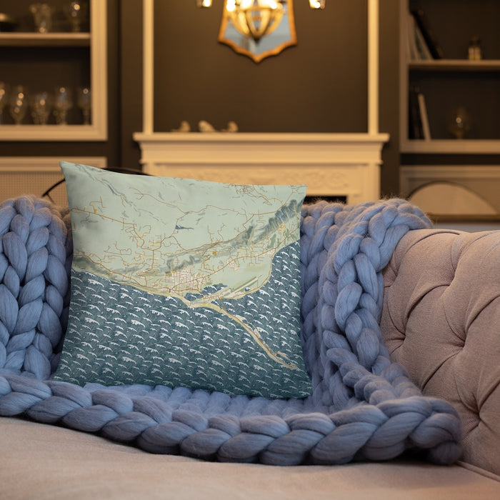 Custom Homer Alaska Map Throw Pillow in Woodblock on Cream Colored Couch