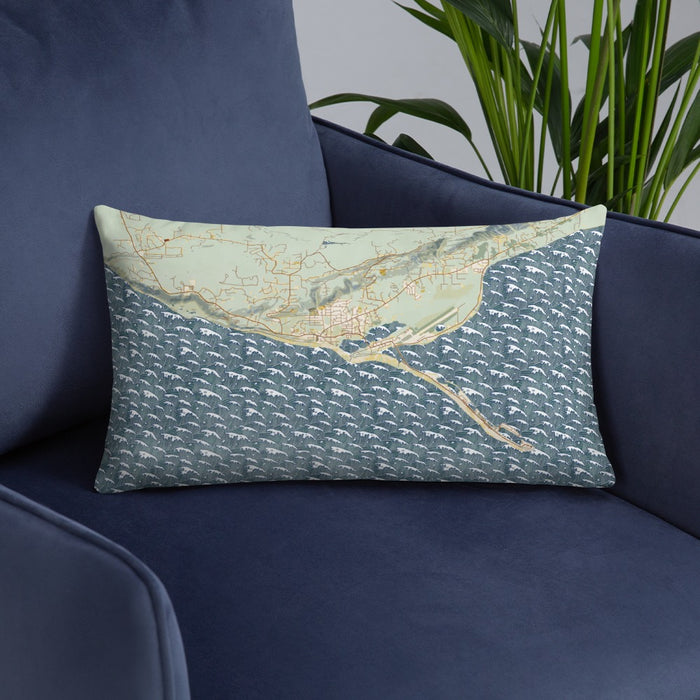 Custom Homer Alaska Map Throw Pillow in Woodblock on Blue Colored Chair