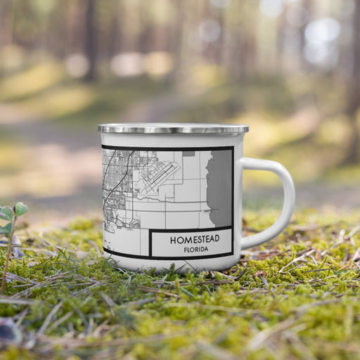 Right View Custom Homestead Florida Map Enamel Mug in Classic on Grass With Trees in Background